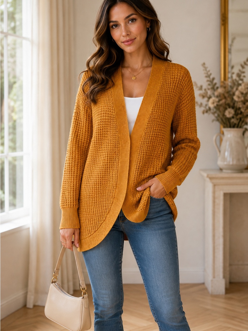 Jessica Simpson Mustard Open Waffle Knit Cardigan